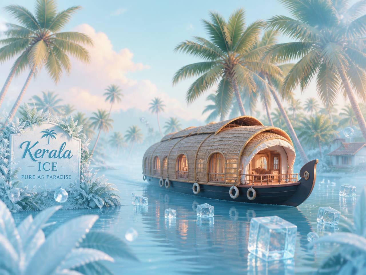 Kerala backwaters with coconut palms and floating crystal ice cubes
